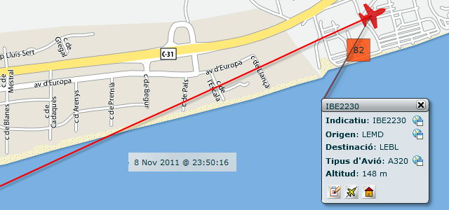 Avin aproximndose al aeropuerto de Barcelona-El Prat para aterrizar en la tercera pista, en configuracin este, sobrevolando dentro del horario nocturno y con un elevadsim impacto acstico (8 Noviembre 2011 - 23:50h)